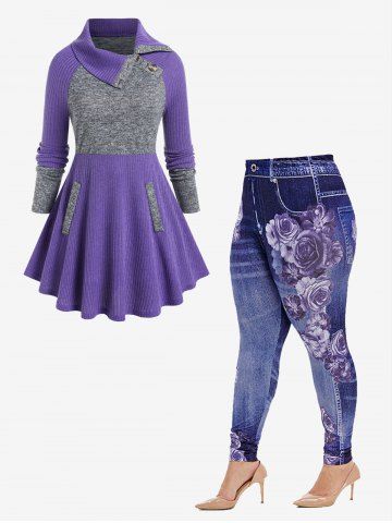 Turndown Collar Raglan Sleeves Ribbed Sweater and High Waist Floral Print 3D Jeggings Plus Size Outfit - PURPLE