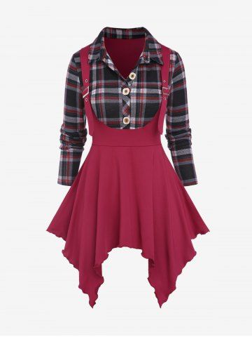 Plus Size Plaid Handkerchief 2 in 1 Top - DEEP RED - M | US 10