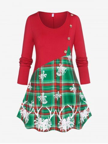 Plus Size Christmas Plaid Tinkle Bell Long Sleeve Tee - RED - 3X