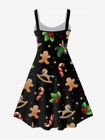Plus Size Christmas Gingerbread Candy Cane Print Flare Dress
