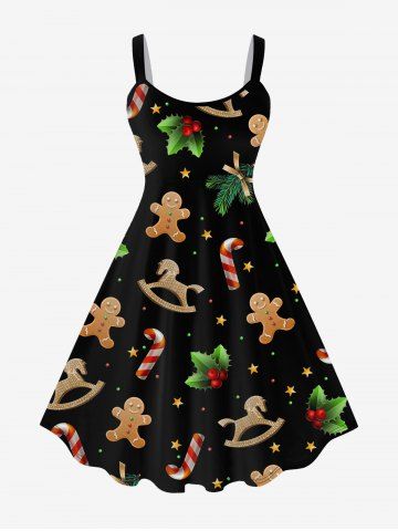 Plus Size Christmas Gingerbread Candy Cane Print Flare Dress