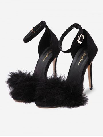 Feather Embellished Open Toe Ankle Strap Sandals - BLACK - EU 36