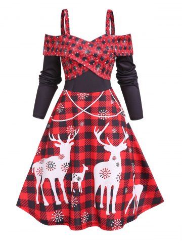 Christmas Elk Snowflake Plaid Print Crossover Cold Shoulder Foldover Long Sleeve Dress - BLACK - XL