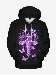 Gothic Flocking Lined Butterfly Cross Print Front Pocket Hoodie -  
