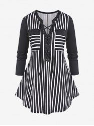 Plus Size Stripes Lace Up Long Sleeves V Notched Tee -  