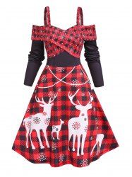 Robe de Noël à Carreaux Croisé à Imprimé Flocon de Neige et Cerf à Manches Longues - Noir S
