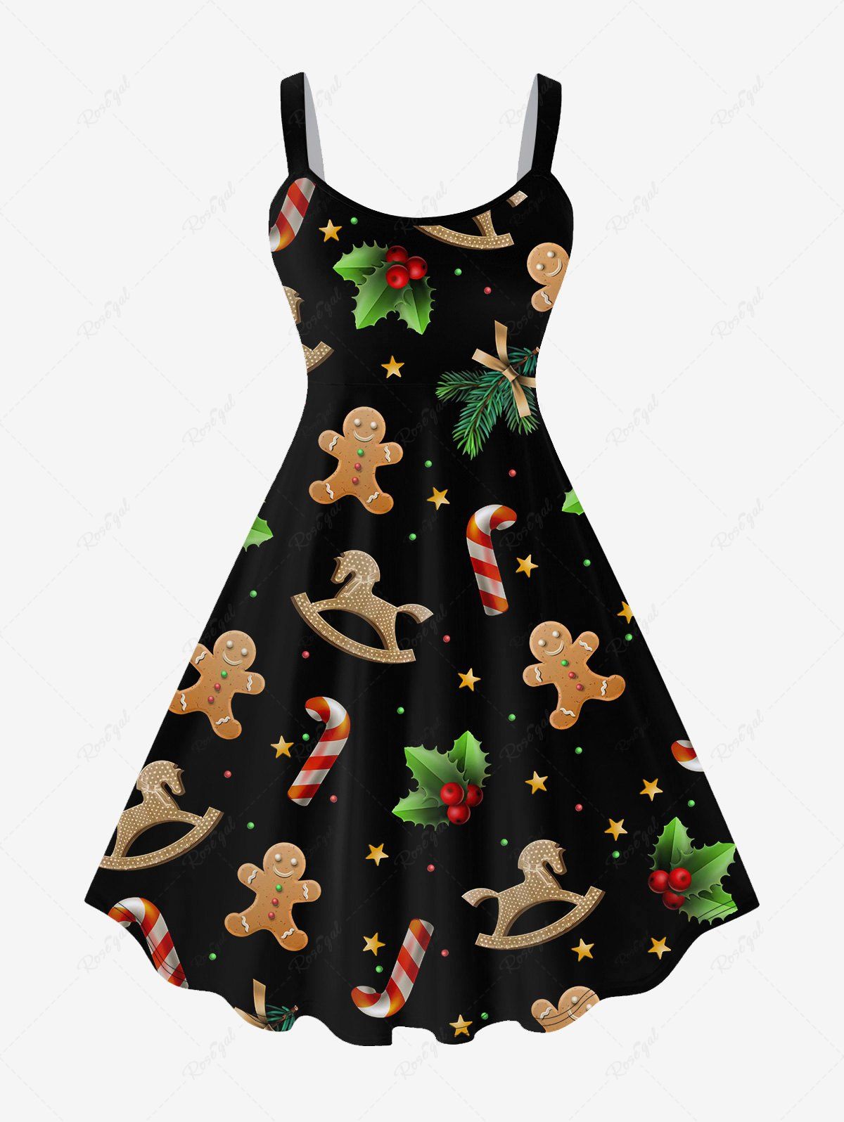 Fashion Plus Size Christmas Gingerbread Candy Cane Print Flare Dress  