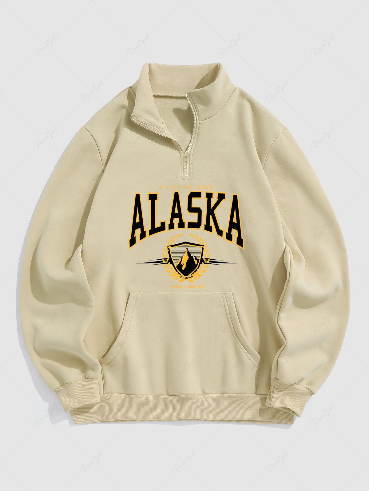 Discount Quarter Zip ALASKA Graphic Fleece Thermal Lined Front Pocket Vintage Pullover Sweatshirt  