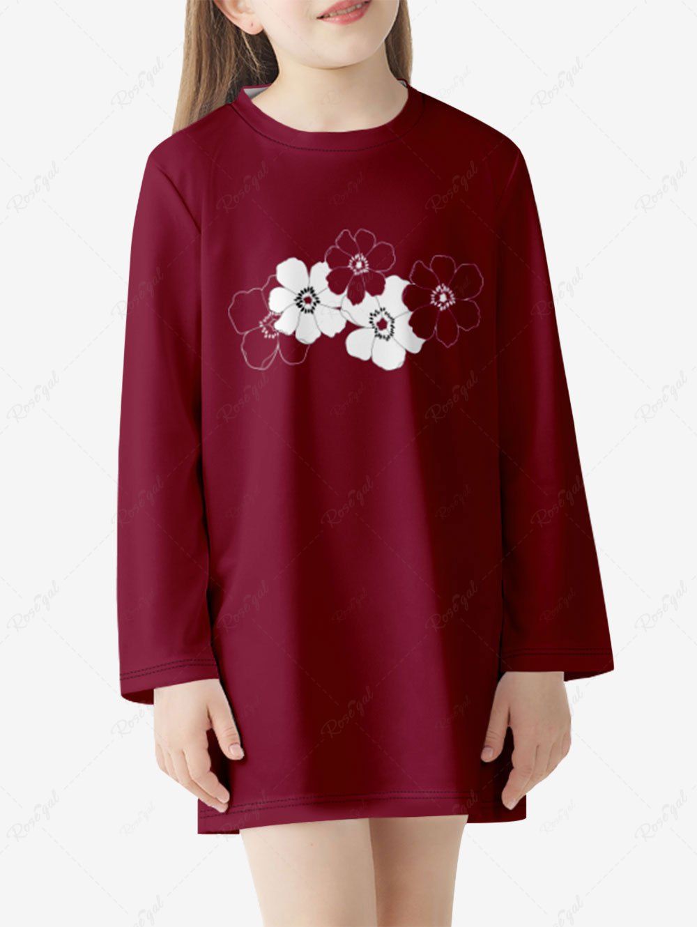 Robe T-shirt Fille à Imprimé Fleur Rouge foncé 140