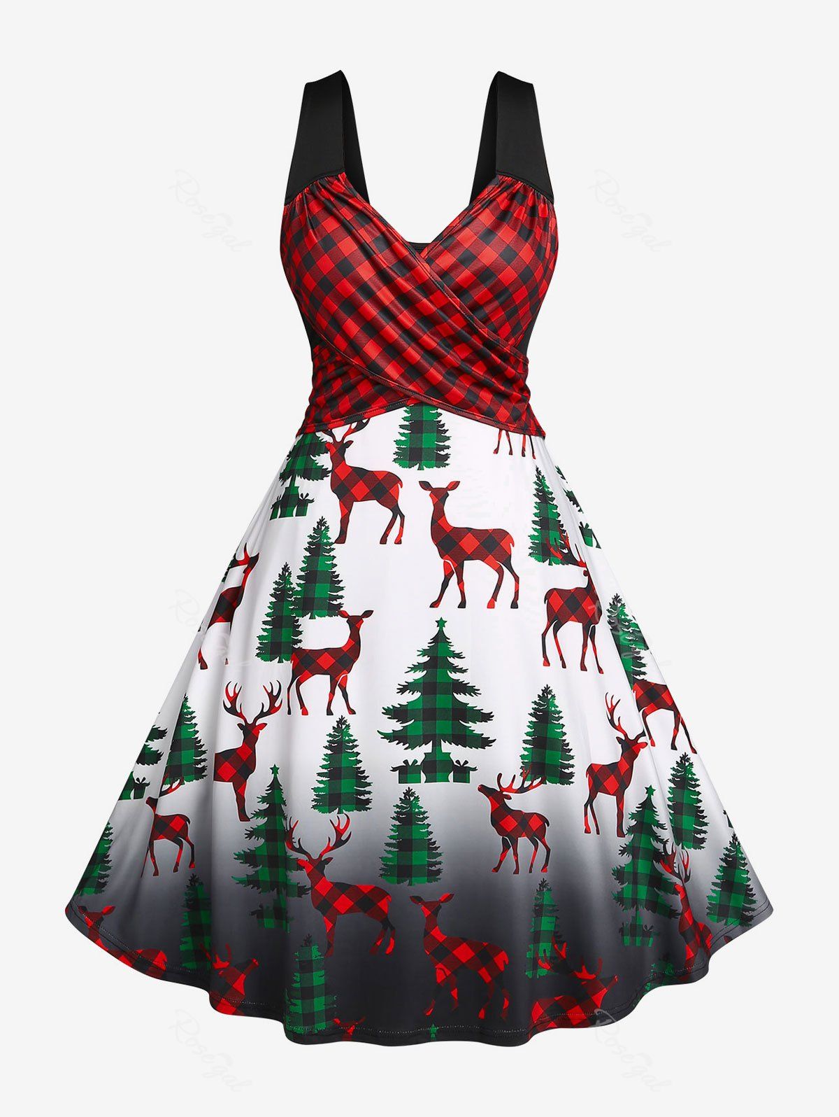 Sale Plus Size Christmas Tree Elk Plaid Print Criss Cross Dress  