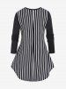 Plus Size Stripes Lace Up Long Sleeves V Notched Tee -  