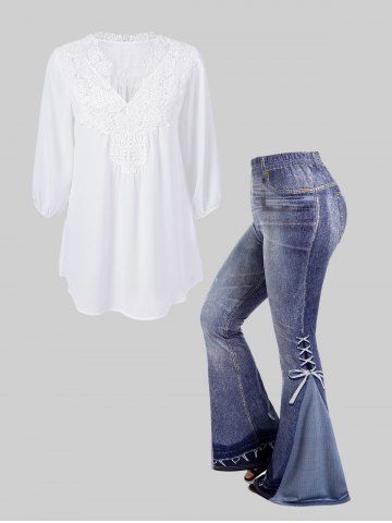 V Notched Lace Applique Blouse and 3D Jeans Print Flare Pants Plus Size Outfit - WHITE