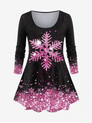 Plus Size Christmas Sparkly Snowflake Print Long Sleeve T-shirt - LIGHT PINK - 1X | US 14-16