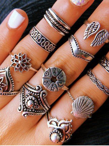 12Pcs Vintage Wings Scallop Joint Finger Rings Set
