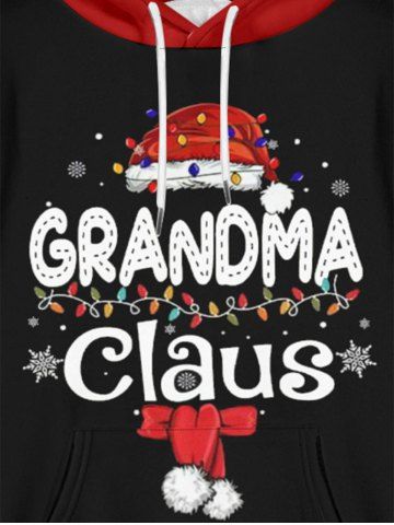 Plus Size Christmas Hat Letters Printed Front Pocket Pullover Hoodie