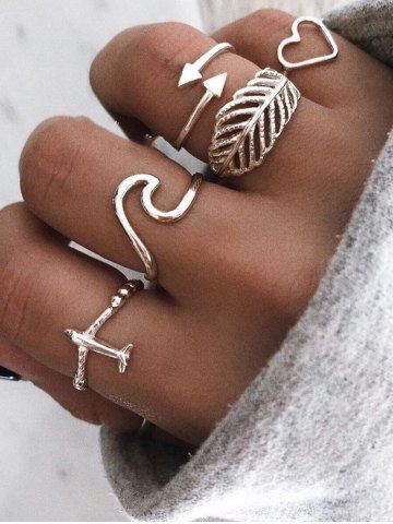 5Pcs Airplane Leaf Heart Joint Finger Rings Set - SILVER