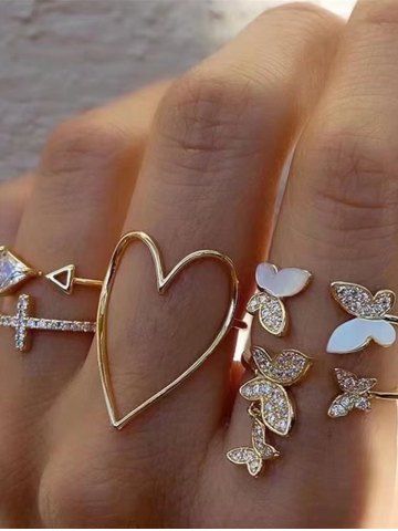 5Pcs Hollow Out Heart Butterfly Joint Finger Rings Set