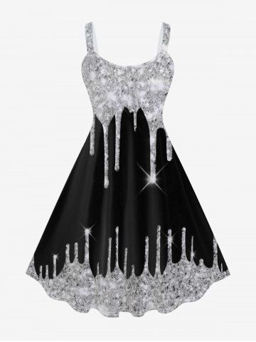 Plus Size 3D Sparkles Paint Drop Blobs Backless A Line Sundress - BLACK - S | US 8