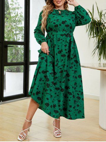 Plus Size Flower Printed Tie Keyhole Long Sleeves A Line Dress