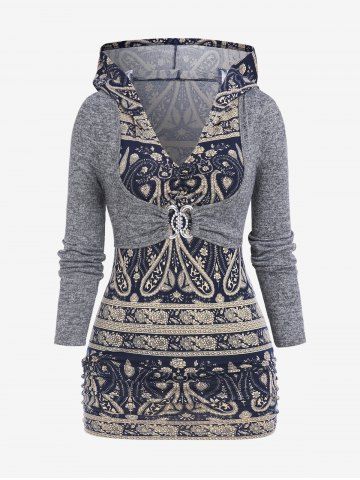 Plus Size Paisley Print Hooded 2 in 1 Top - DEEP BLUE - M | US 10