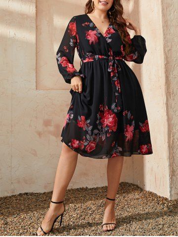 Plus Size Floral Printed Long Sleeves A Line Surplice Dress with Belt - BLACK - 2XL