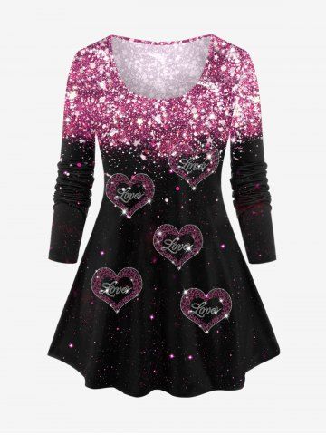 Plus Size Valentines Long Sleeve Sparkle Heart Print T-shirt - LIGHT PINK - M | US 10