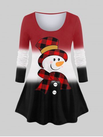 Plus Size Christmas Snowman Printed Ombre Long Sleeves Tee - RED - 1X | US 14-16