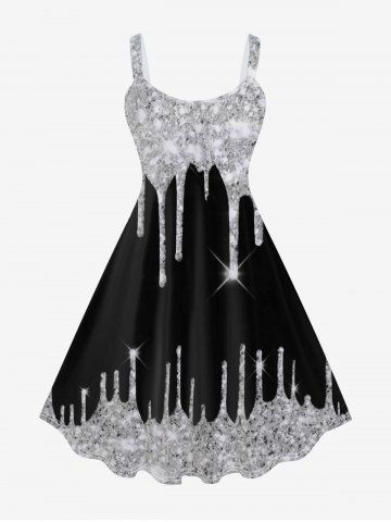 Plus Size 3D Sparkles Paint Drop Blobs Backless A Line Sundress Homecoming Cocktail Dress - BLACK - L | US 12