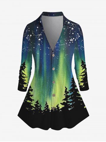 Plus Size Splatter Paint Tree Printed Ombre Long Sleeves Shirt - DEEP BLUE - S | US 8
