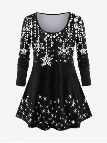 Plus Size 3D Sparkles Star Printed Long Sleeves Tee