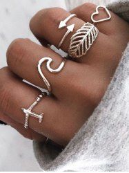 5 Pièces Ensemble de Bagues Feuille Cœur et Avion - Argent 