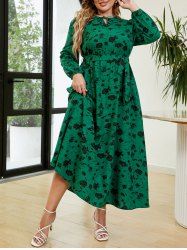 Plus Size Flower Printed Tie Keyhole Long Sleeves A Line Dress -  
