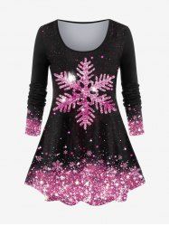 Plus Size Christmas Sparkly Snowflake Print Long Sleeve T-shirt -  