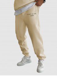 C'EST LA VIE PARIS Letter Printed Drawstring Fleece-lined Sports Jogger Pants -  