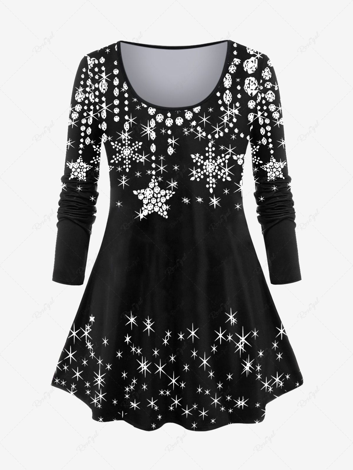 Latest Plus Size 3D Sparkles Star Printed Long Sleeves Tee  