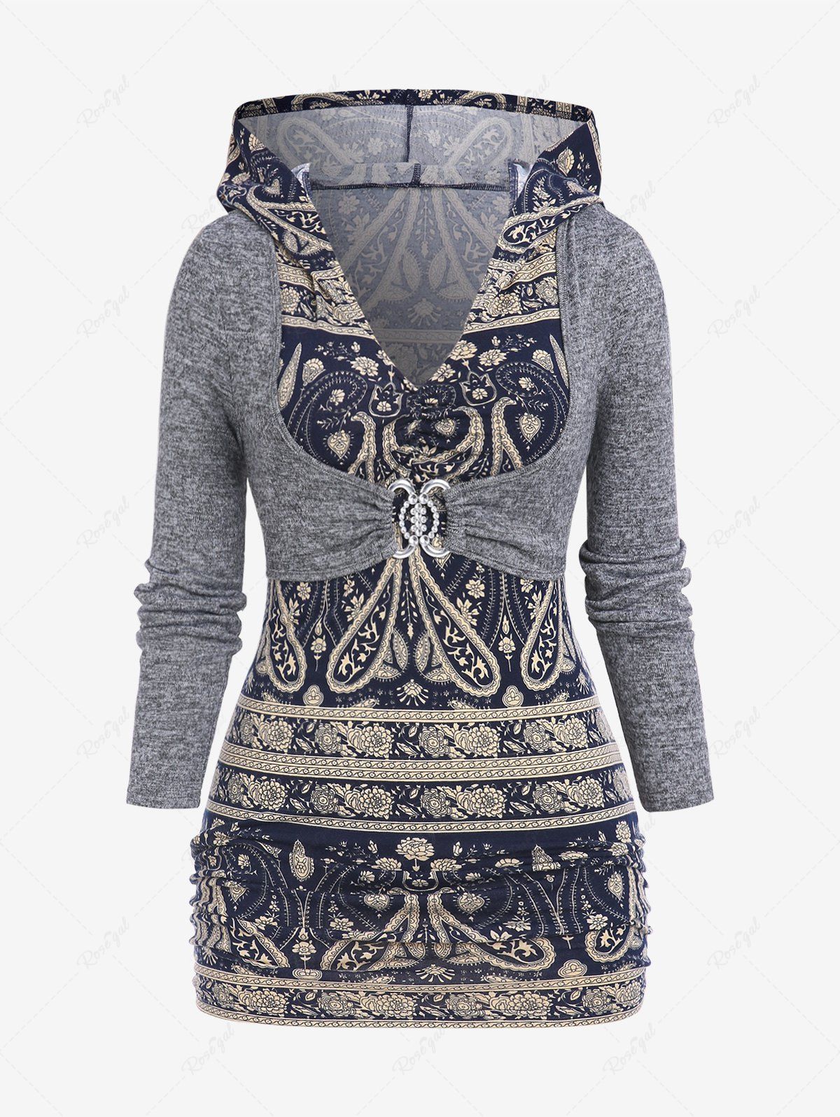Outfits Plus Size Paisley Print Hooded 2 in 1 Top  
