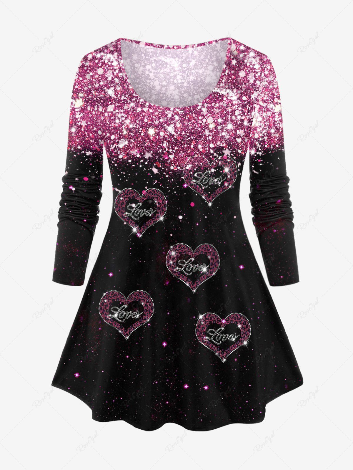 Affordable Plus Size Valentines Long Sleeve Sparkle Heart Print T-shirt  