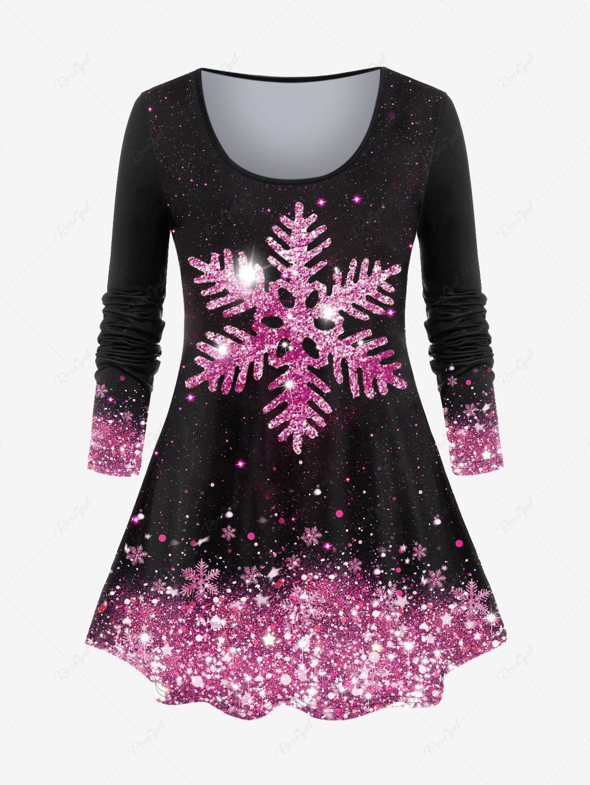 Trendy Plus Size Christmas Sparkly Snowflake Print Long Sleeve T-shirt  