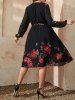 Plus Size Floral Printed Long Sleeves A Line Surplice Dress with Belt -  