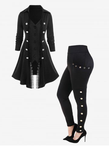 Ensemble Outerwear de Manteau Gothique Long Haut-Bas Faux Deux Pièces et Pantalon avec Poches Œillets Clous - BLACK