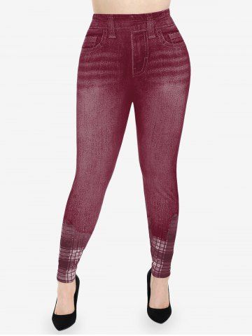Plus Size High Rise Plaid 3D Denim Print Skinny Jeggings