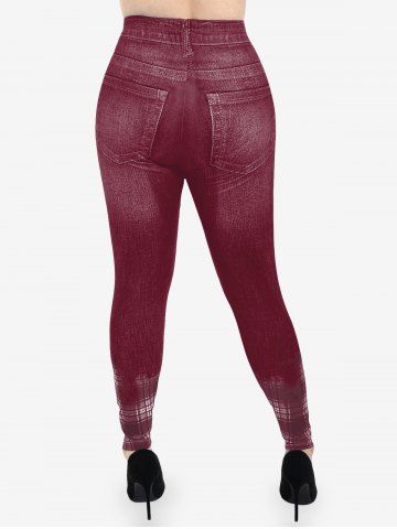 Plus Size High Rise Plaid 3D Denim Print Skinny Jeggings