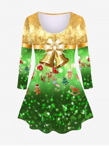 Plus Size Sparkle Bell Gingerbread Print Christmas T-shirt - GREEN - M | US 10