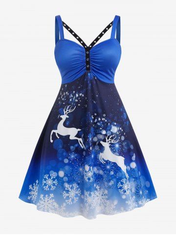 Plus Size Christmas Snowflake Elk Print Grommet Dress - BLUE - 1X