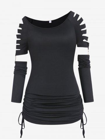 Plus Size Skew Collar Laser Cut Cinched Ruched Detachable Sleeve Top - BLACK - 1X | US 14-16