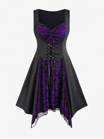 Gothic Skull Lace Overlay Lace-up Asymmetrical Sleeveless Midi Dress - BLACK - 4X | US 26-28