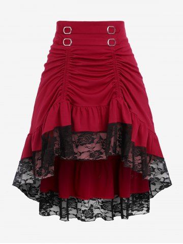 Plus Size Ruched Lace Ruffled Hem Layered Midi High Low Skirt