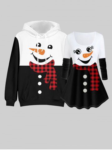 Couples Christmas Snowman Printed Plaid Women Tee and Men Pullover Hoodie Matching Outfit