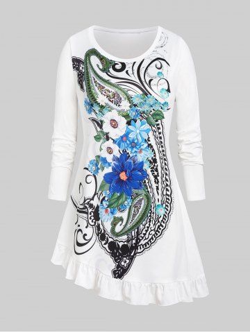 T-shirt Cachemire à Imprimé Fleur de Grande Taille Ourlet à Volants - WHITE - 1X