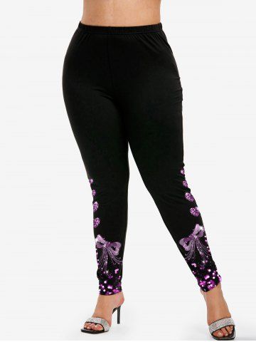 Plus Size Glitter Bowknot Heart Print Skinny Leggings